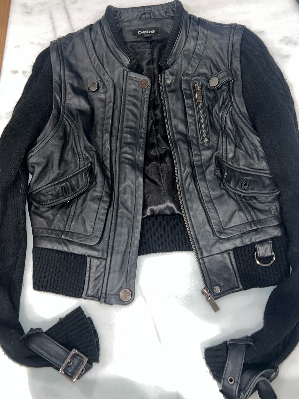 bebe Black Leather Front Jacket with Knit Sleeves